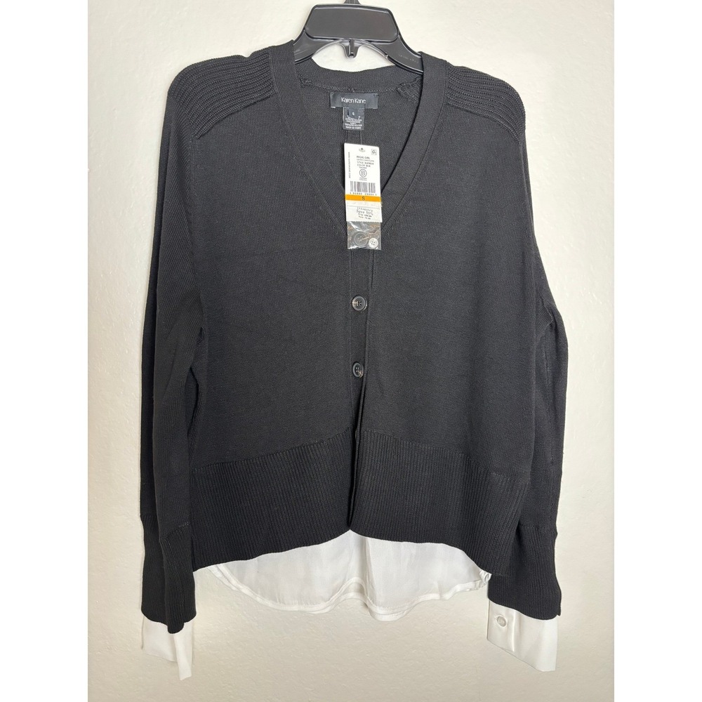 NWT Karen Kane Sweater Cardigan Cashmere Blend Black w/ White Shirt Hem Small - Picture 2 of 5